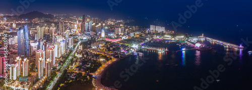 Aerial photography of the beautiful seashore city of Qingdao at night