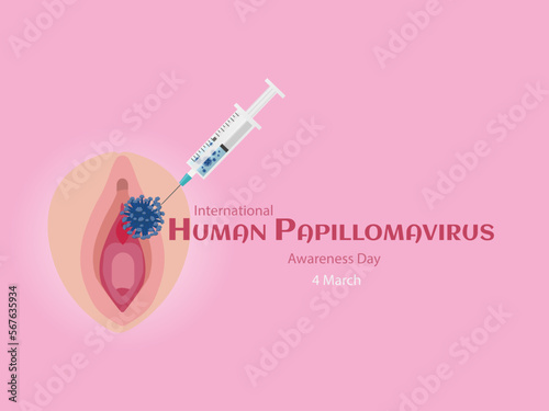 International Human Papilloma Virus Awareness Day, drawing of vagina on pink background and HPV virus and syringe simulating vaccination for prevention.