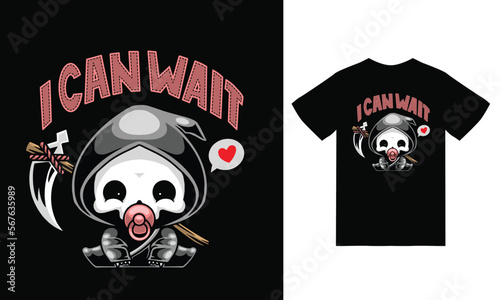 Cute grim reaper illustration with tshirt design premium vector