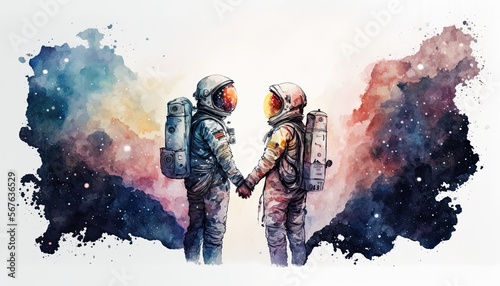 an astronaut couple holding hands, concept art, ai art, digital painting