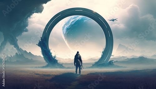 a man standing in front of a big ring portal leading to other worlds, digital painting, ai art, illustration