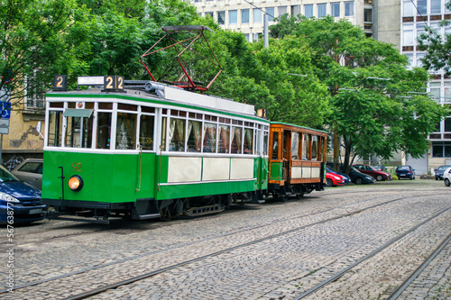 Vintage green tram from early 20 century on the streets of Sofia Bulgaria.