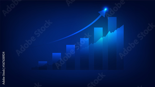 bar chart with uptrend arrow show  growth of business performance and profit of investment on blue background