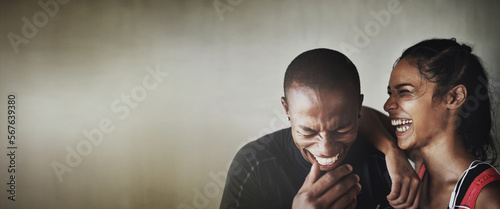 Canvas Print Fitness, mockup or laughter with a black couple in studio on a gray background for health and humor