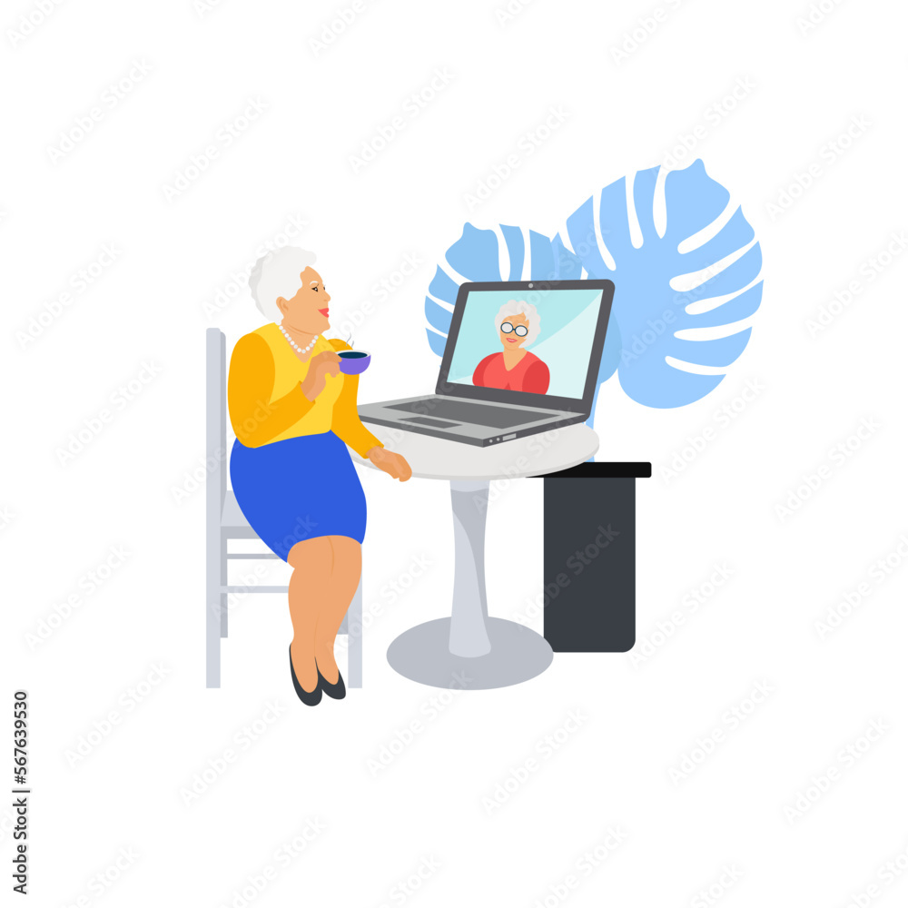 Two elderly women are talking online. Laptop, video communication. Vector in the flat style. Two elderly women are talking online. Laptop, video communication. Vector in the flat style.