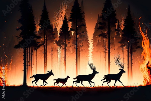 Animals run away from forest fire. Natural disasters Generative AI © Лилия Захарчук