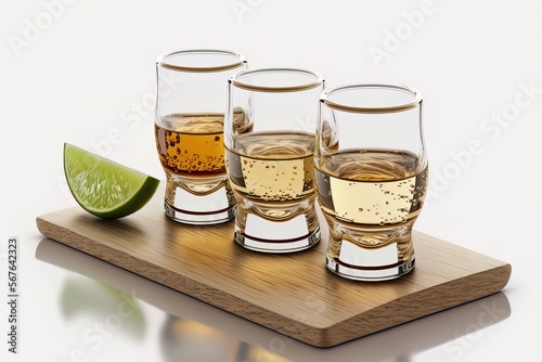 Three shot of alcohol tequila with lime on wood board with a white background. Generated by AI.