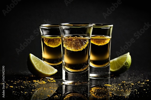 Three shots of alcohol with lemon and slat. Mexican tequila shooters on a black background. Generated by AI.