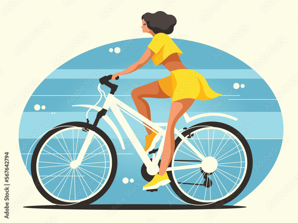 Beautiful woman in a yellow dress rides a bicycle on the road. Vector illustration