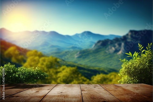 Landscape with wooden table top blank background. generative AI