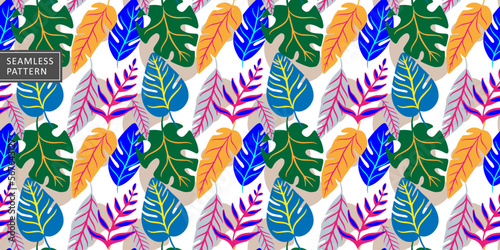 Cheerful summer seamless vector pattern with twigs, leaves, palm leaves, monstera leaves for print, pastille, wrapping paper, covers and wallpapers