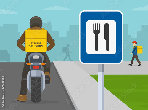Courier on motorcycle with yellow parcel box on the back delivering food. Back view. Close-up view of a restaurant or cafe traffic sign. Flat vector illustration template.