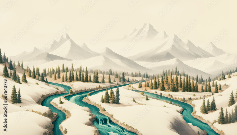 Vast painting of mountains and rivers in watercolor style. Generative AI