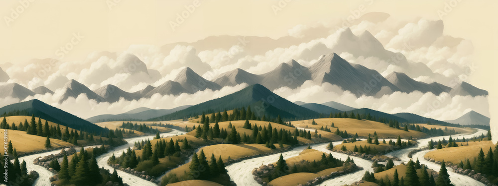 Vast painting of mountains and rivers in watercolor style. Generative AI