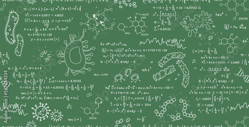 Science education of bacteria and viruses on chalkboard seamless pattern.