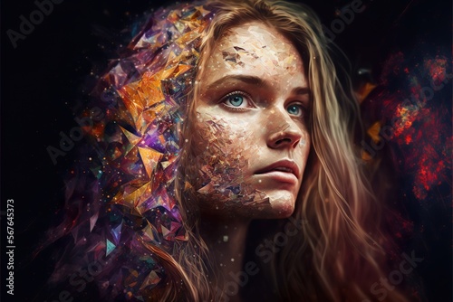 beautiful fantasy abstract ethereal portrait of a beautiful woman double exposure with a colorful digital illustration