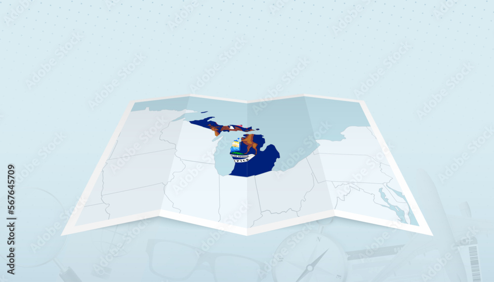 Map of Michigan with the flag of Michigan in the contour of the map on a trip abstract backdrop. Map of Michigan with the flag of Michigan in the contour of the map on a trip abstract backdrop.