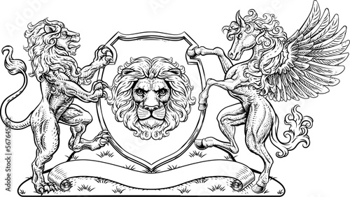 A crest coat of arms family shield seal featuring lions and Pegasus horse with wings photo