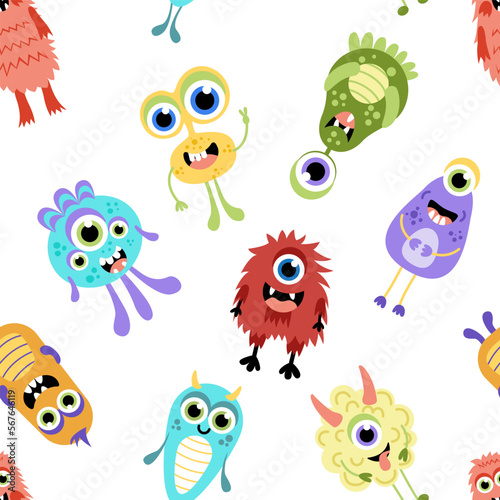 Colorful kind monster seamless pattern. Multicolored monsters. Flat, cartoon, vector