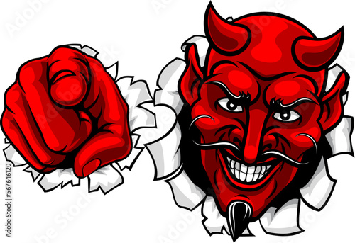 Devil satan mascot cartoon character pointing at the viewer in a needs or wants you gesture