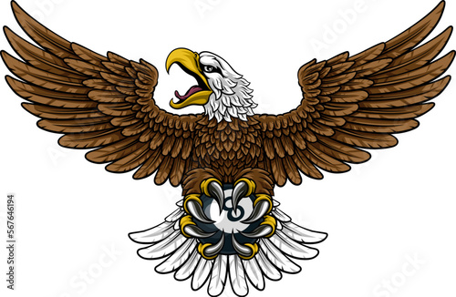An eagle angry mean pool billiards mascot cartoon character holding a black 8 ball.