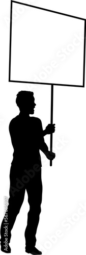 Protestor or demonstrator at a demonstration march, picket line or strike protest rally in silhouette. Holding up a banner or picket sign board placard.