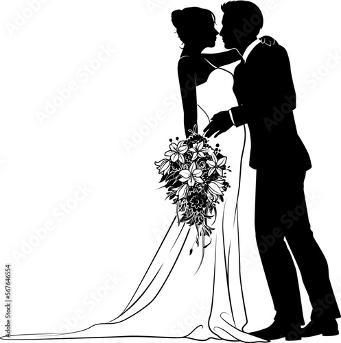 Bride and groom couple silhouettes. Woman in a bridal wedding dress