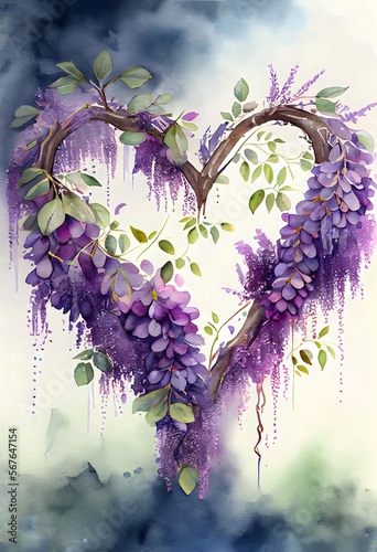 Heart-shape of Wisteria flower watercolor background