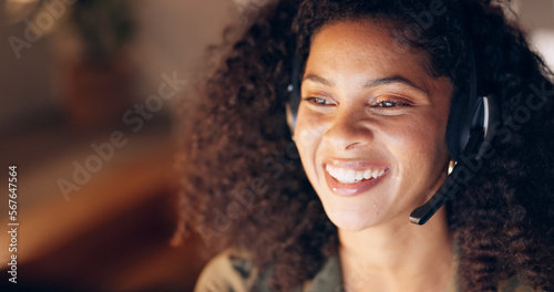 Fotografie Black woman, customer support service with a smile and employee at online call center or virtual telemarketing business