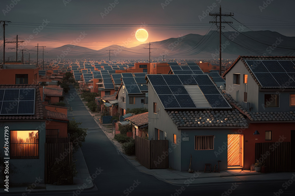 The image shows a village with houses equipped with solar panels, symbolizing a sustainable and eco-friendly community with a balance of old and new technology.ia generated The image shows a village with houses equipped with solar panels, symbolizing a sustainable and eco-friendly community with a balance of old and new technology.ia generated