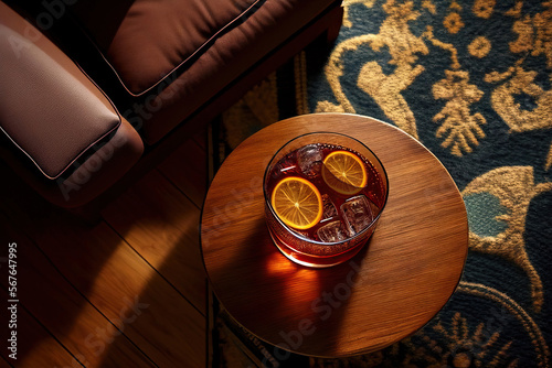 Cocktail glass on a wooden table. Generative AI photo