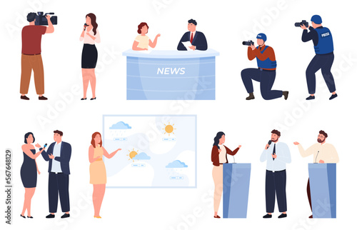 TV news, journalists, presenters of news programs. Collection of informative news in various situations. Vector illustration