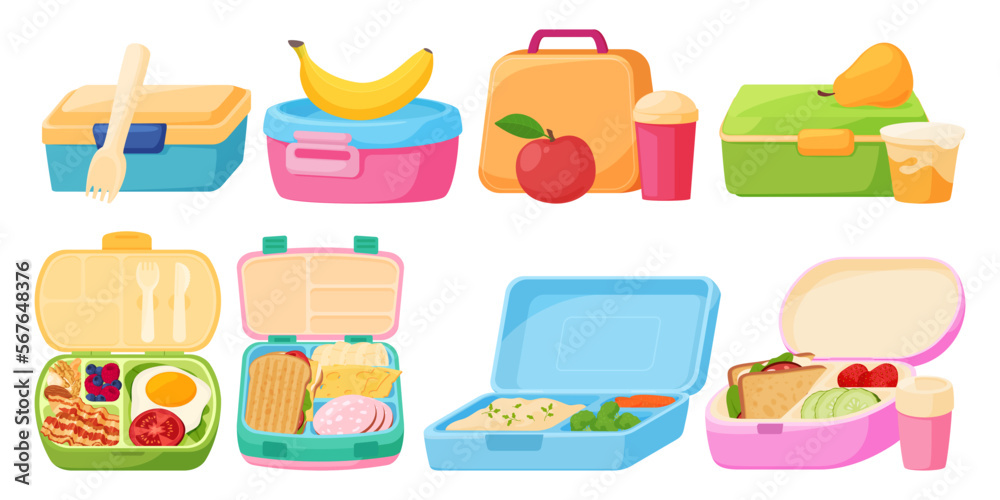 Vecteur Stock School lunch boxes. Packed lunch or snack. Container for  carrying food. Vector illustration | Adobe Stock