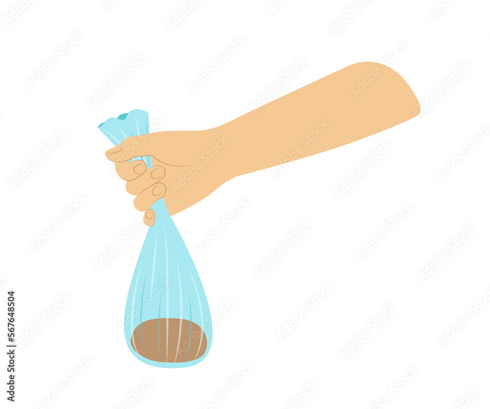 Poop in packet. Hand is holding poo in bag. Flat, cartoon, vector Stock