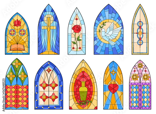 Beautiful colored stained glass windows. Temple mosaic glass windows, room lighting. Vector illustration