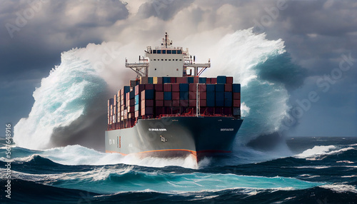 A leoaded container cargo ship is seen in front of big waves on sea, generative ai