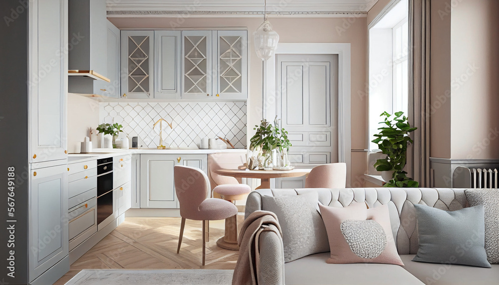 Warm pastel white and beige colors kitchen in the northern style, generative ai