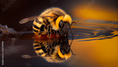 Bee on water, honeybee macro, generative ai