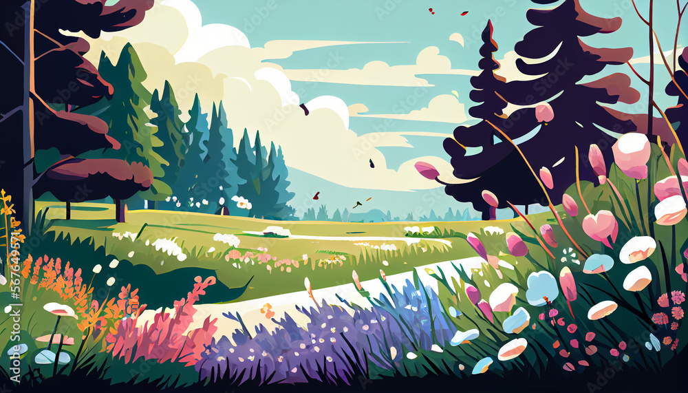 Flower meadow in spring illustration, generative ai