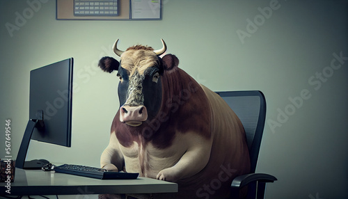 A fat cow is sitting at the office table in front of computer, generative ai