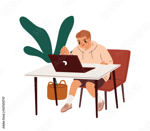 Person studying at laptop. Happy excited teenager at computer. Young guy, freelancer works online, sitting at table, surfing internet at PC. Flat vector illustration isolated on white background © Good Studio