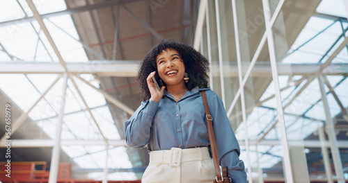 Photography Phone call, smile or black woman travel in airport, office building or street for communication, networking or 5g network