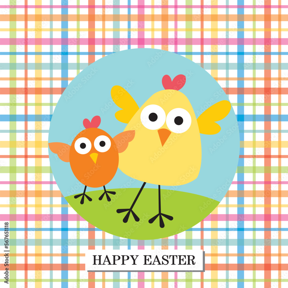 happy easter greeting card with chicken and tartan
