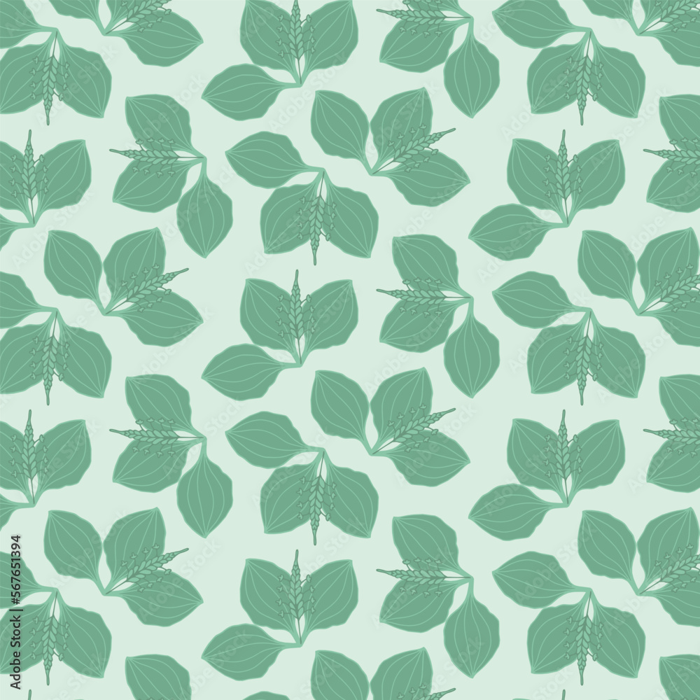 Green background with plantain leaves, seamless pattern. Decorative background for wrapping paper, wallpaper, textile, greeting cards and invitations.