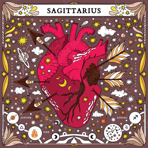 Sagittarius sign of the zodiac. Modern magical astrological map. Magical girl, stars, moon, constellation, hand-drawn signs. Vector illustration