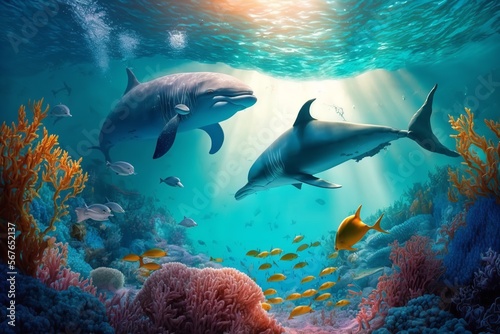 Dolphins and a reef undersea environment. electronic collage images as wallpaper. Generative Ai. © Concept Killer