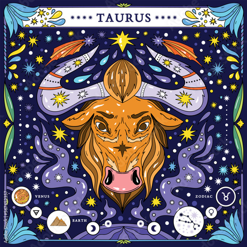 Taurus sign of the zodiac. Modern magical astrological map. Magical girl, stars, moon, constellation, hand-drawn signs. Vector illustration