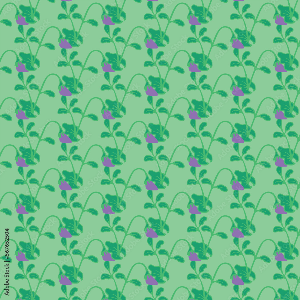 Green background with violet flower plants. Decorative seamless pattern for wrapping paper, wallpaper, textile, greeting cards and invitations.