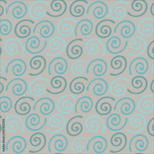 Grey background with blue curls. Decorative seamless pattern for wrapping paper, wallpaper, textile, greeting cards and invitations.