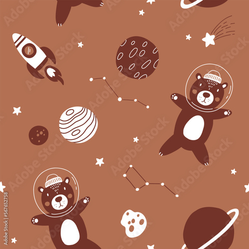 Seamless monochrome childish pattern with astronaut brown bears, planet, stars and constellation. Creative scandinavian kids texture for fabric, wrapping, textile, wallpaper, apparel.